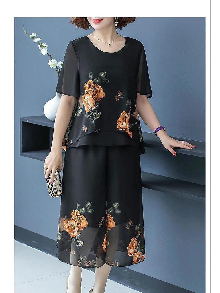 2021 Summer Chiffon Two-Piece Set for Middle-Aged and Elderly Women: Fashionable Loose Style for Mothers