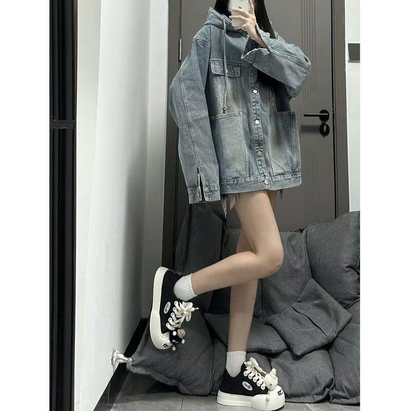 

Унисекс Ретро Японский Стиль 2025 Джинсовая Куртка с Капюшоном - Свободный Крой для Весны и Осени Extra Large синий