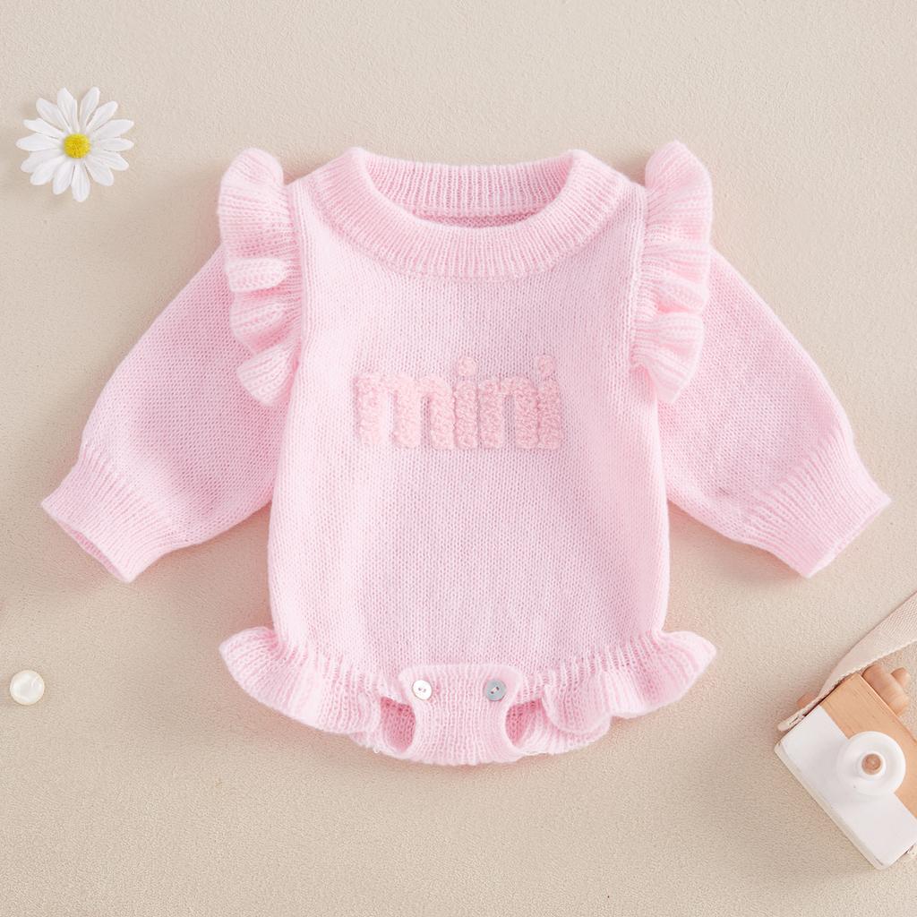 Baby Girls Knit Sweater Romper Long Flying Sleeve O Neck Letter Embroidery Romper