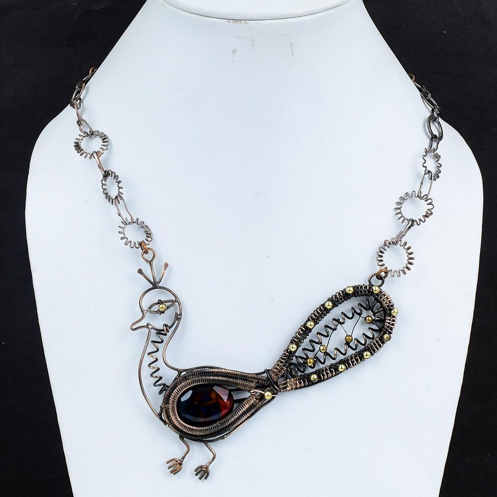 Faceted Ammolite Gemstone Necklace Copper Wire Wrapped Peacock Necklace Copper Jewelry Adjustable Chain Necklace Handmade Jewelry For Gifts