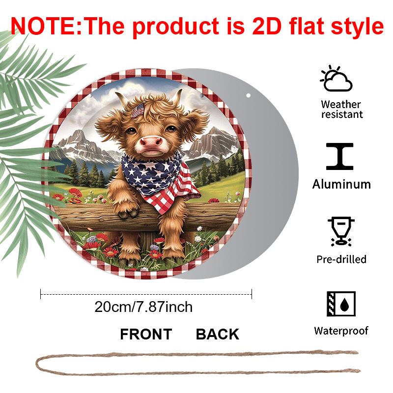2D Flat, 1pc Highland Cow with American Flag Bandana Metal Wall Decor - Rustic Farmhouse Cabin Living Room Office Decor - UV & Scratch Resistant