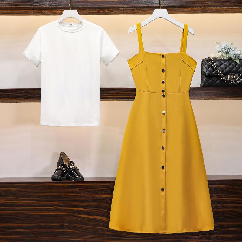 Robes d'été pour femmes, haut à manches courtes et robe à bretelles longues, ensemble deux pièces, tenues de grande taille