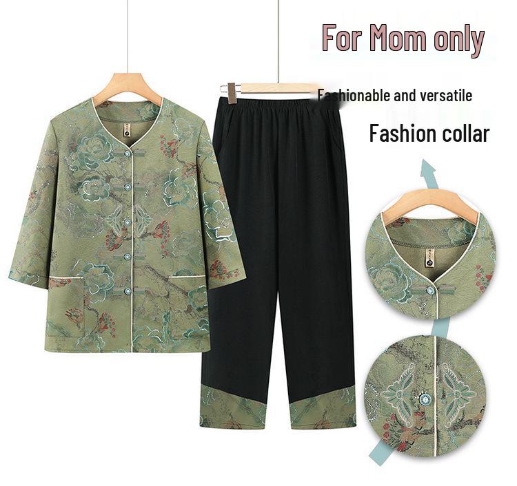 Women's Summer Clothing Set: Seven-Quarter Sleeve Top & Pants for Middle-Aged and Elderly Moms and Grandmas