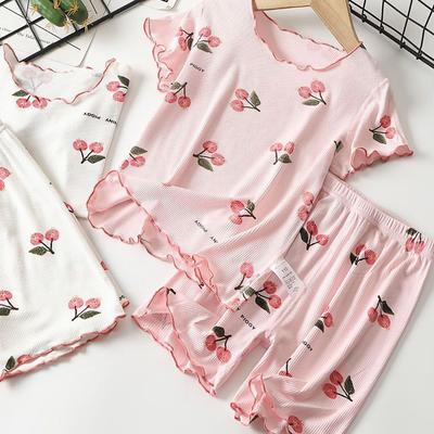 Kız Çocuk Yaz Pijama Takımı Kiraz Çiçeği Baskılı 4 Yöne Esneyen Şort ve Tişört Yatma Zamanı ve Oyun Zamanı için Nefes Alabilen Modal Karışımı 1-8 Yaş