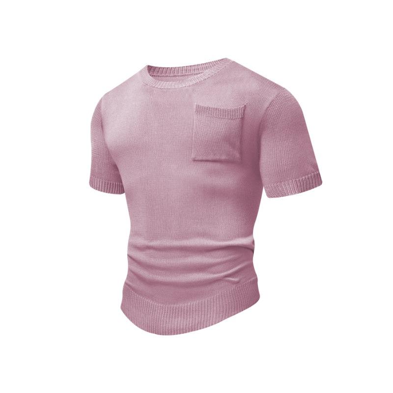 Men s Khaki Crew Neck Patch Pocket Short Sleeve Slim Fit Knit T Shirt S