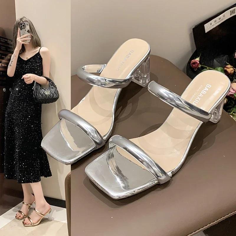 2024 Damenschuhe Sommer Zehenfrei High Heel Pantoletten Modische Damenpantoletten Lässig Einfarbig Dicke Ferse Damenschuhe