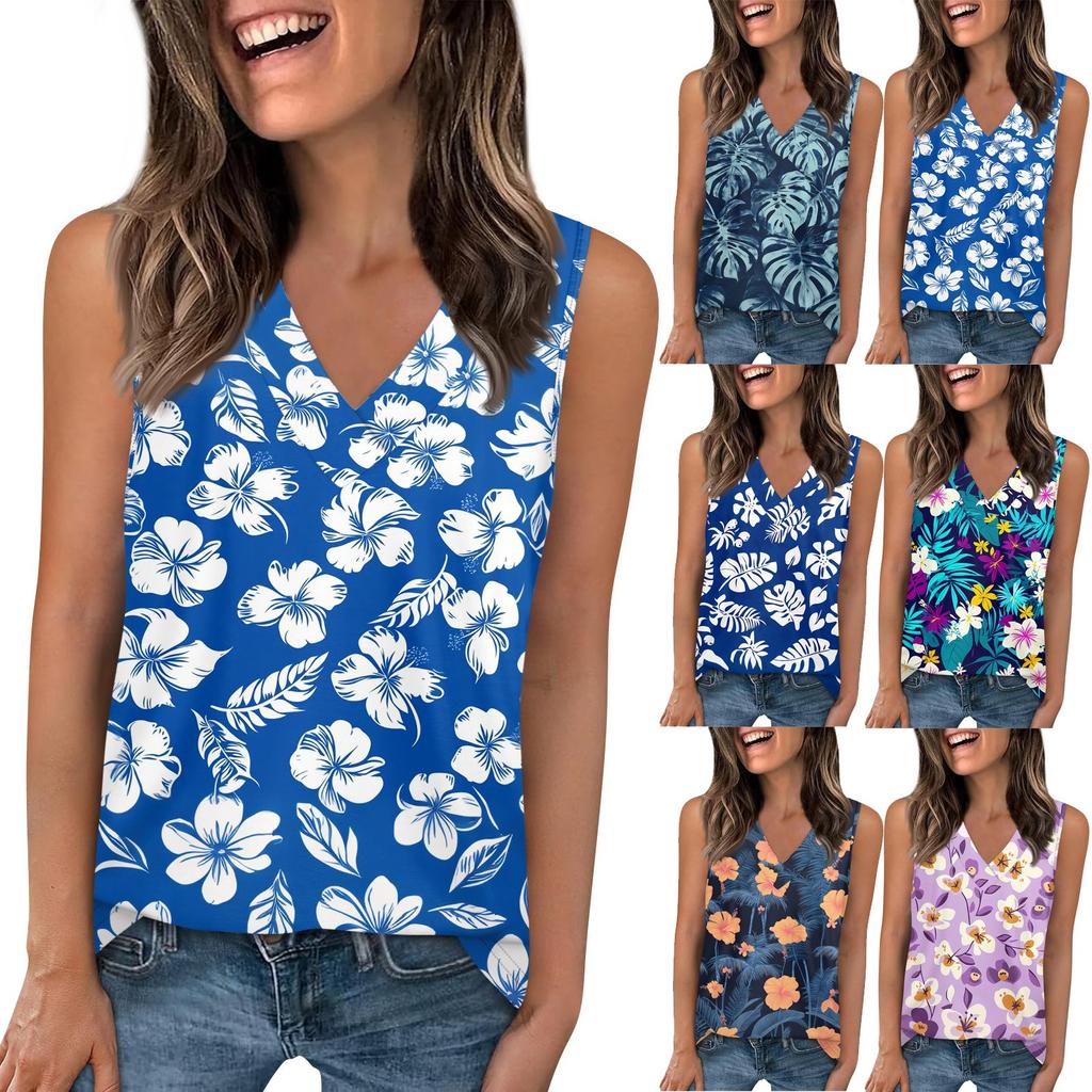 V Neck Tank Top Women Print Tank Tee Casual Loose Fit Sleeveless Shirt