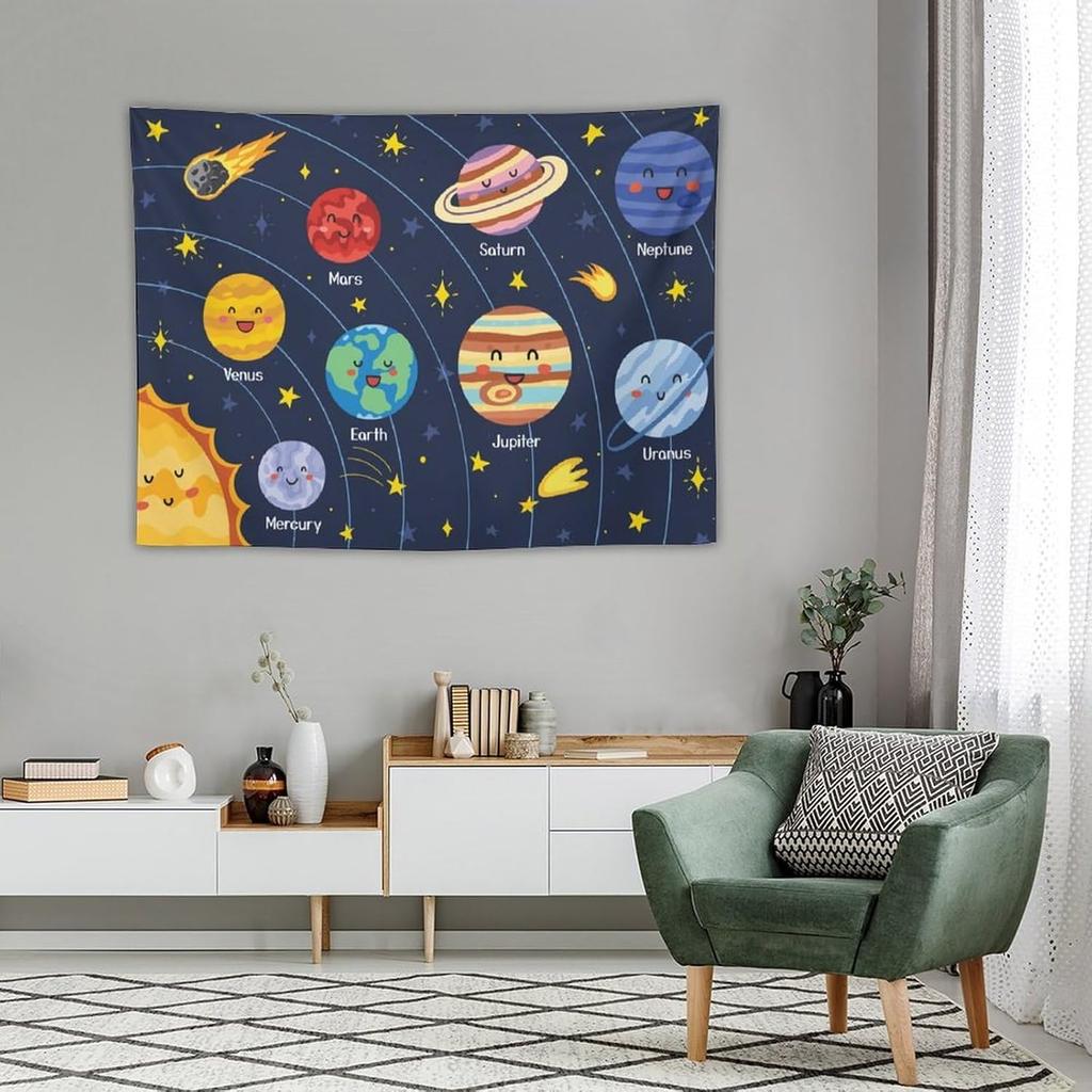Cartoon Solar System Tapestry for Kids Boys Girls,Cute Outer Space Planet Universe Galaxy Print Tapestry Wall Hanging Home Décor
