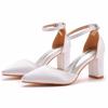 7cm Thick Heel Pointed Sandals for Spring Square Heels Light Mouth Women's Sandals White Satin Cloth Bridal High Heels Large Size
