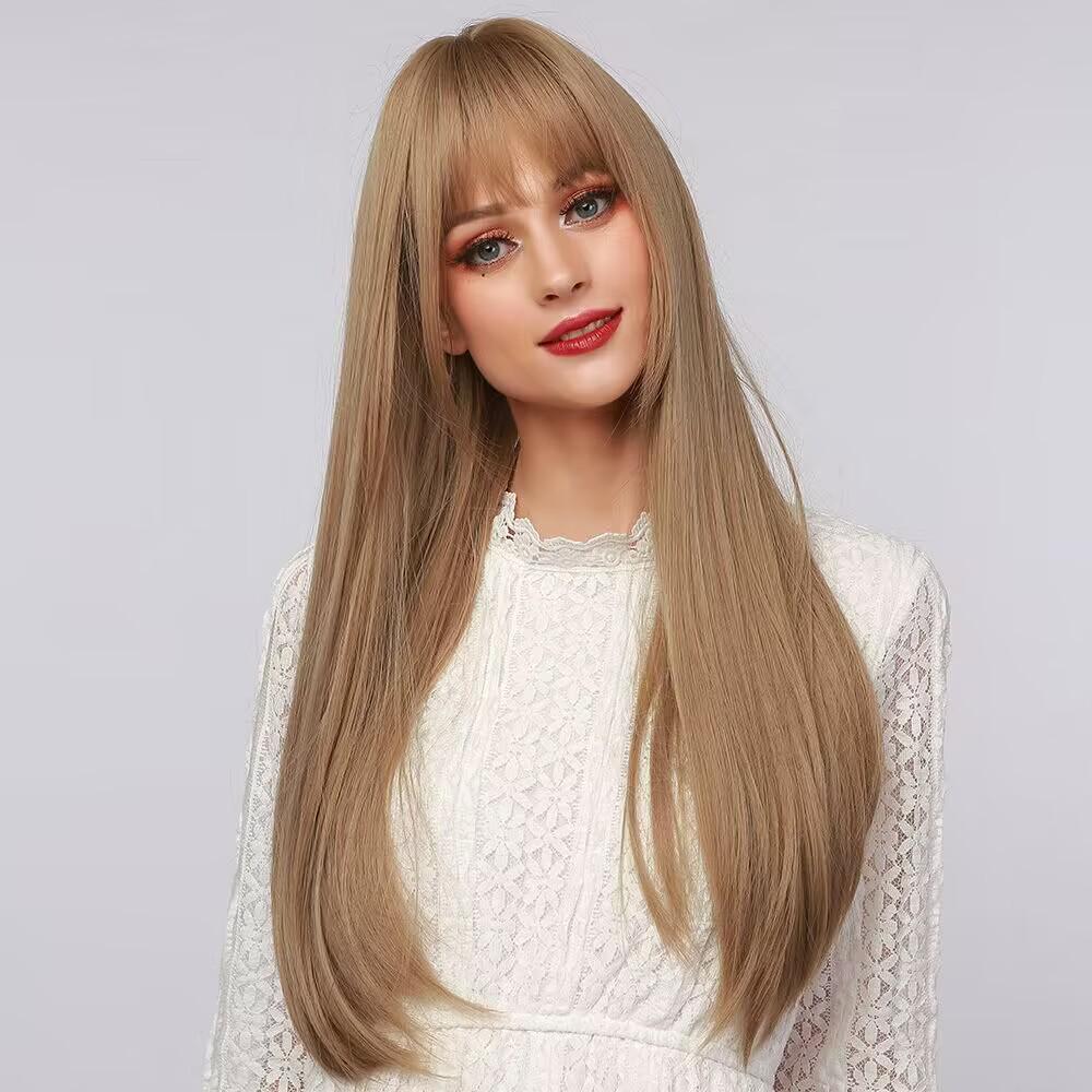 Perruque brune longue et lisse avec frange: Ensemble de tête complète de style européen et américain, à la mode et naturel