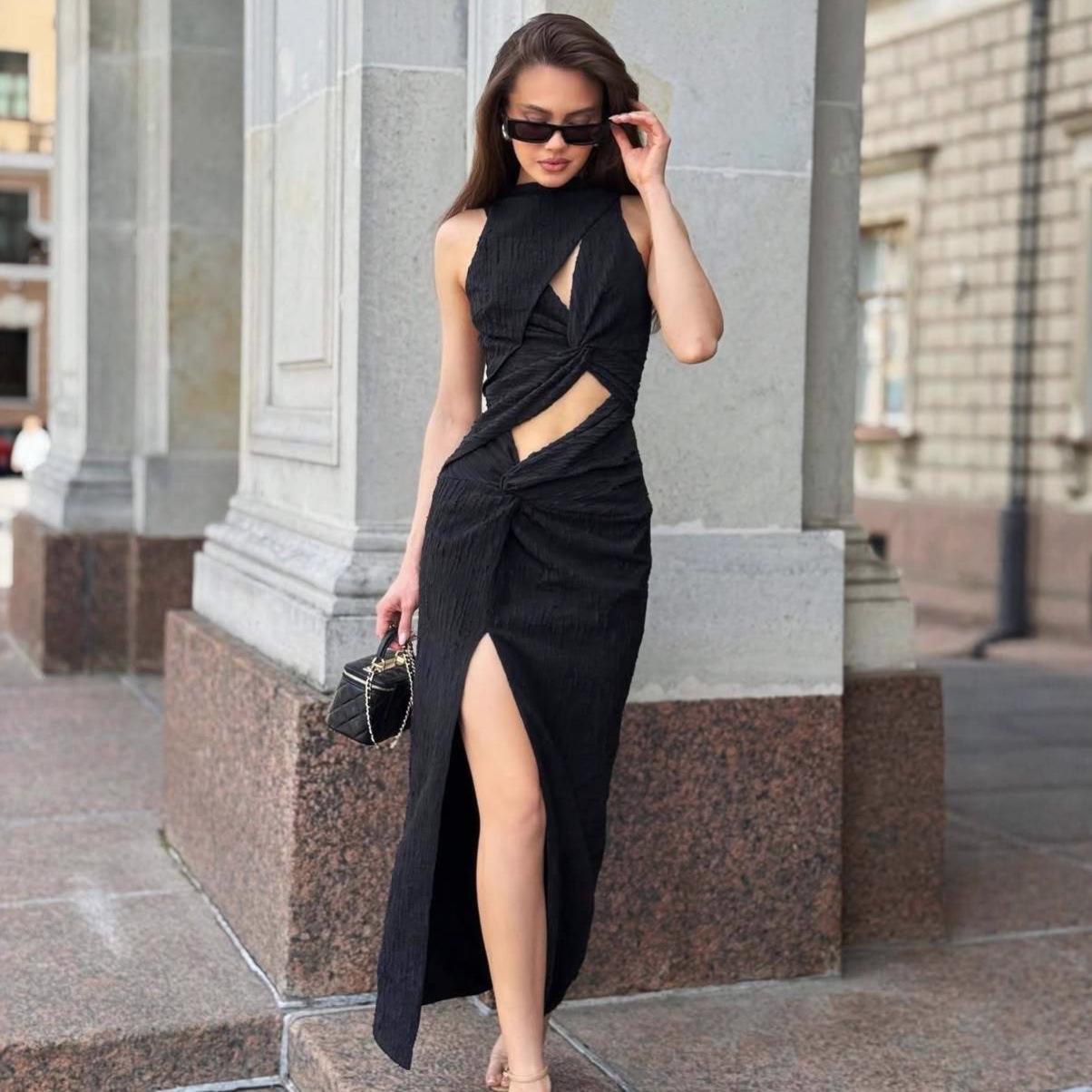 

2025 Summer European & American Women s Sleeveless Hollow Sexy Crop Top & Skirt Set S чорний