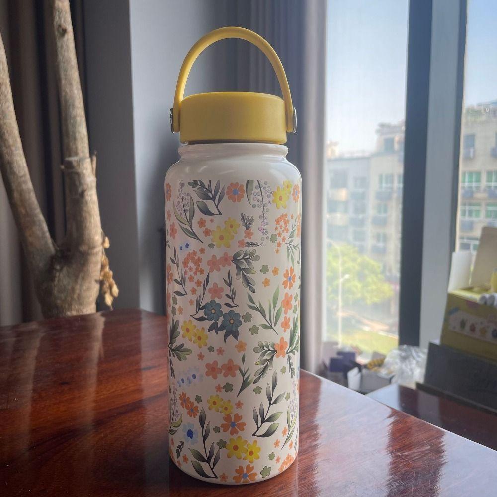 Creative Thermal Water Bottle Portable Stainless Steel Outdoor Insulated Mug Large Capacity Thickened Floral Insulated Bottle