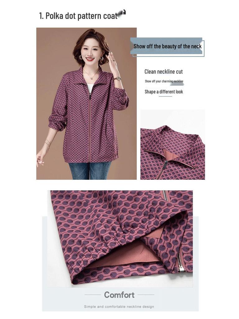 Polka Dot Stand Collar Plus Size Jacket for Women - Stylish Spring/Autumn Trench Coat for Middle-Aged Moms