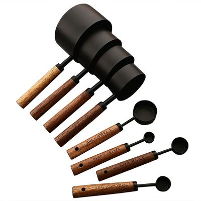8 Stück Messbecher-Set und Messlöffel-Set mit Skala Holzgriff Edelstahl zum Kochen Backen