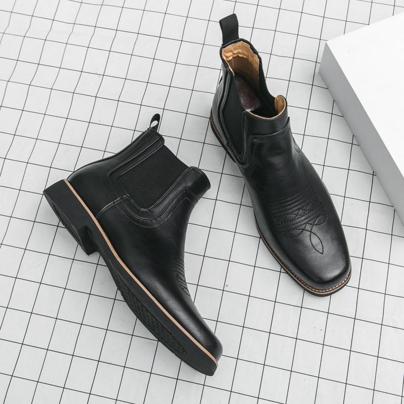 Men s Embroidered Leather Cowboy Chelsea Boots - High Top, Pull-On, Retro British Style Winter Boots 40