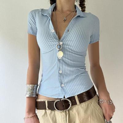Sweetown Blue Stripe Short Sleeve Shirts For Women Button Up Turn Down Collar Slim Simple Casual Preppy Tops Basic Summer Tees