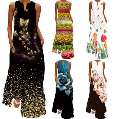 2024 Retro Sommer Bedrucktes V-Ausschnitt Mehrfarbig Ärmellos Langes Kleid