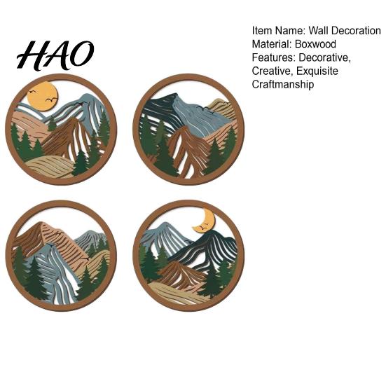 Rustic Wall Art 4Pcs Wooden Boho Mountain Art, 2D Flat Abstract Landscape Decor, Geometric Forest Hanging Office Decoration Sign, Natural Artwork, Sun