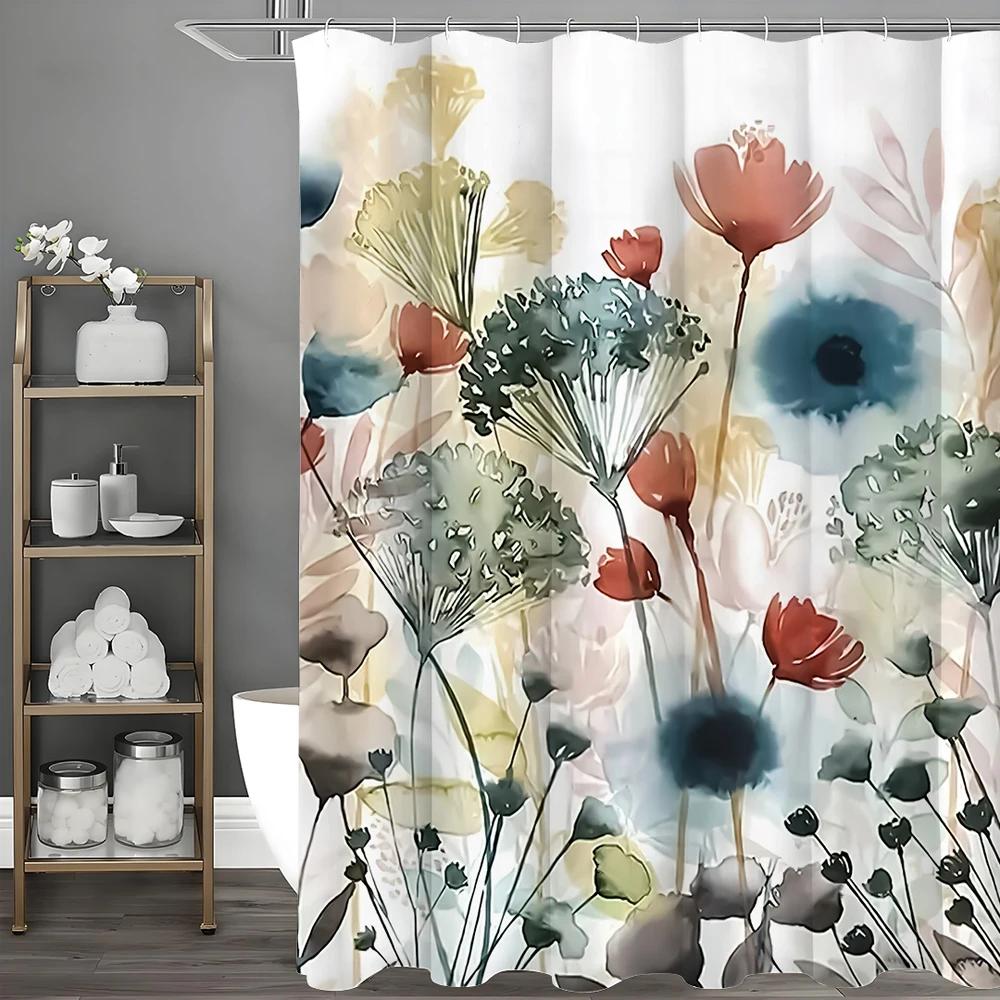 Akwarelowa Zasłona Prysznicowa w Kwiaty, Dekoracyjna Zasłona Prysznicowa do Łazienki, Wodoodporna Zasłona Prysznicowa z Haczykami