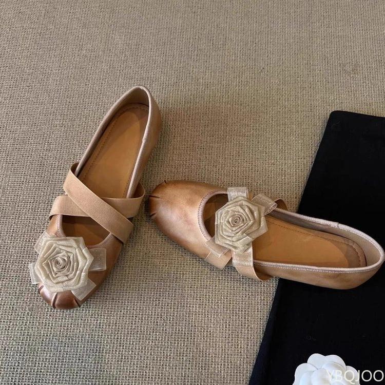 Fashion Women's casual light yellow round toe shoes retro camellia flat bottom cross with shallow mouth simple comfortable single shoe