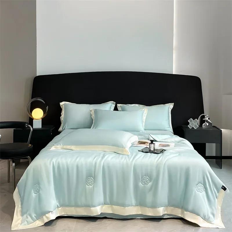 

100% мытое шелковое одеяло для лета, гладкое покрывало с вышивкой и ледяным охлаждением, шелковистое одеяло для кроватей, роскошное летнее одеяло для кровати 200x230cm 3PC set