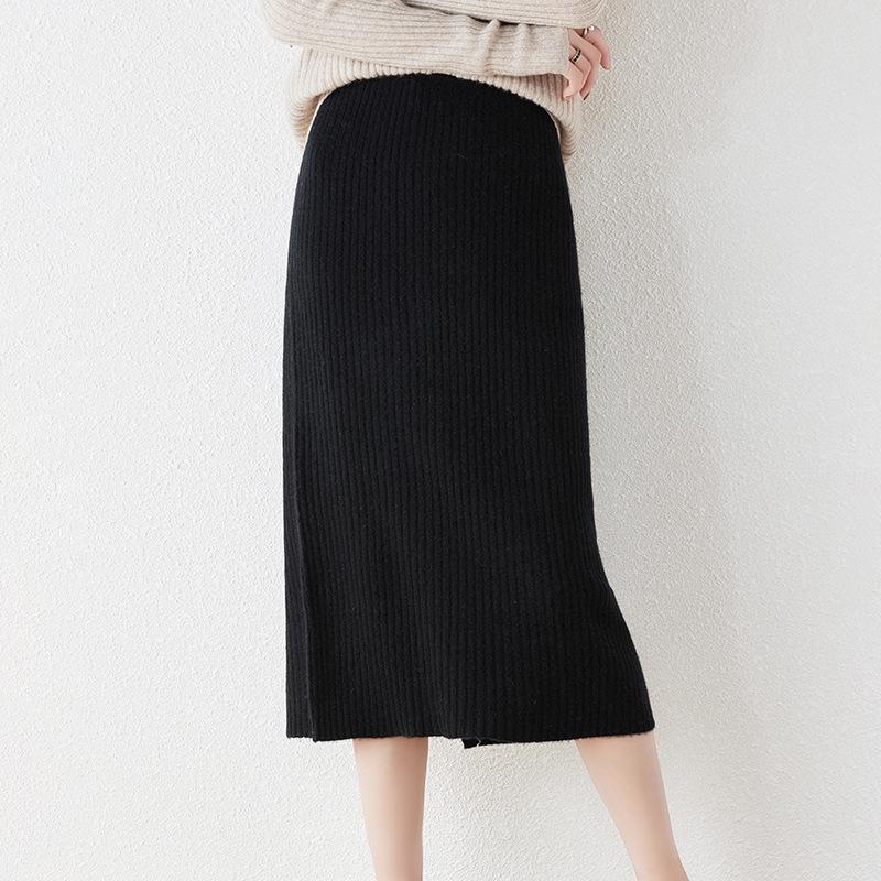 Women's 100% Wool Elastic High-Waist Knitted Midi Skirt with Back Slit
