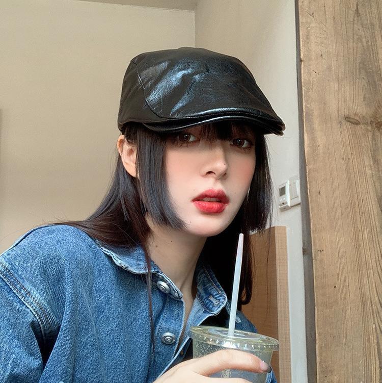 Pu leather black beret women's summer personality retro British reverse wearing forward cap autumn and winter painter hat
