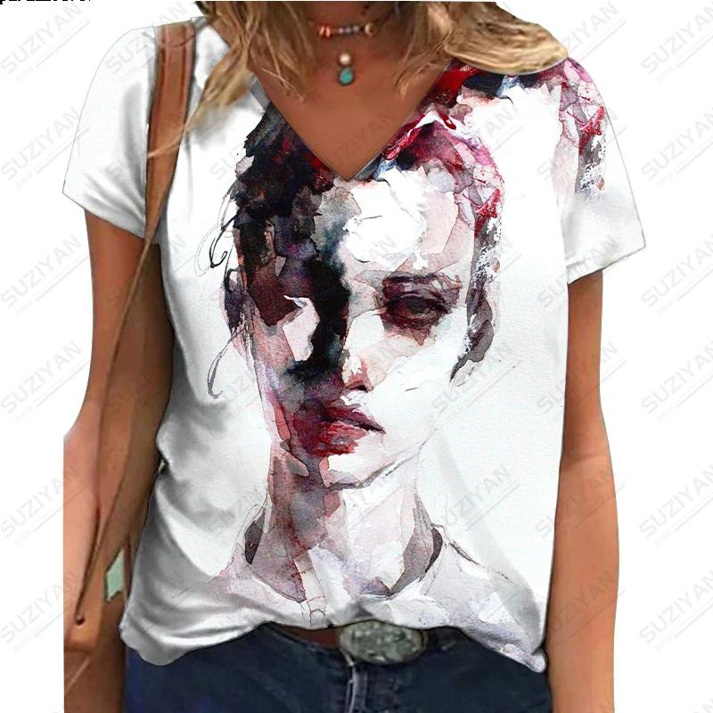 Summer V-neck 3D Art Facial Pattern Printed Top Fashionable Casual Short Sleeved Women's T-shirts