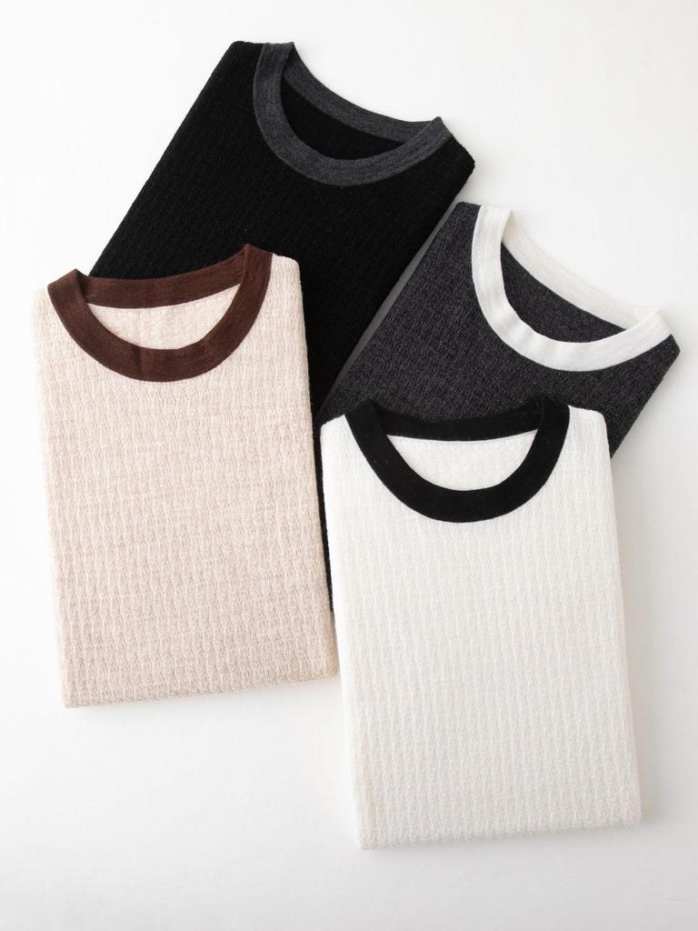 Autumn/Winter Women's Color Block Edge Round Neck Short Sleeve Wool Sweater - Breathable Knitwear Base Layer