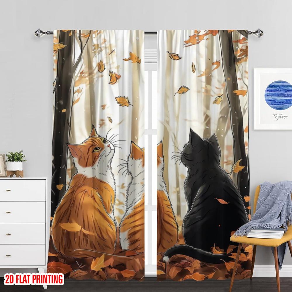 Plane Printing Popular Curtain Panels Autumn Cat Trio Versatile Durable Polyester Without Rod Gifts Perfect Curtains Set Of 2 Made