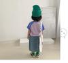 Girls' 2025 Summer Color Block Cartoon Print Cotton T-shirt, Round Neck, Short Sleeve