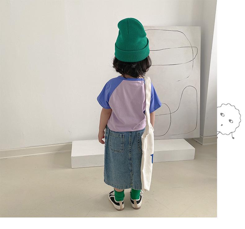 Girls' 2025 Summer Color Block Cartoon Print Cotton T-shirt, Round Neck, Short Sleeve