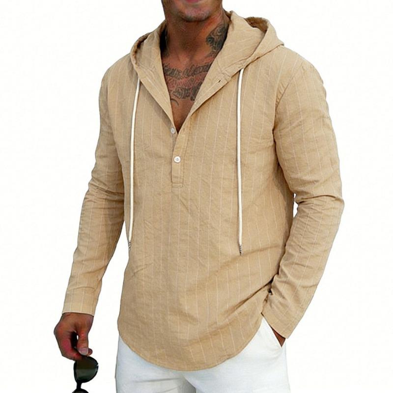 Men Striped Linen Blend Hooded Henley Neck Long Sleeve Shirt S