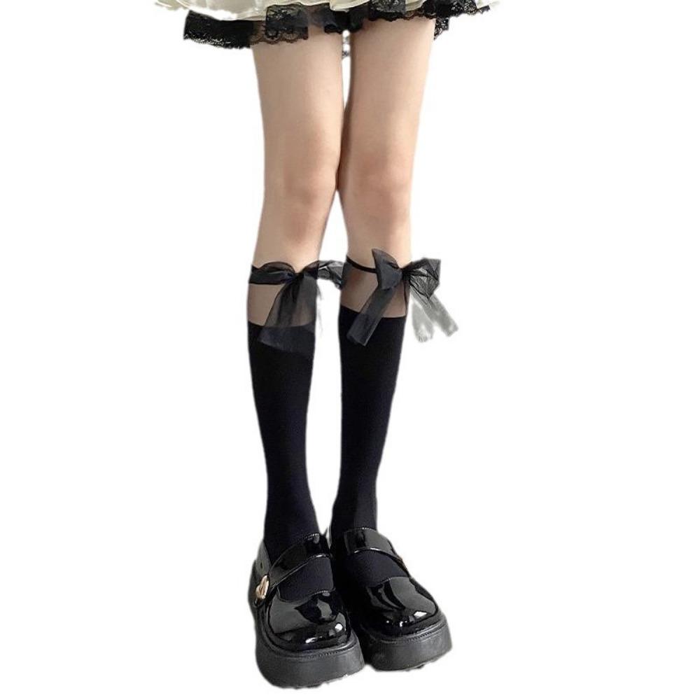 Lace, Calf Socks Mesh Black Silk Stitching Bow Calf Socks Transparent Tube Socks Tulle Velvet Socks