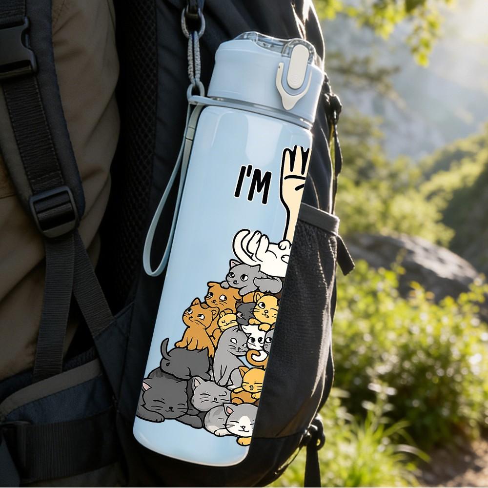 1PC I'm Ok Cat Stack Funny Print 750ml Color Plastic Sports Water Bottle Leakproof Flip Straw Lid Suitable for Sports Office Home Use