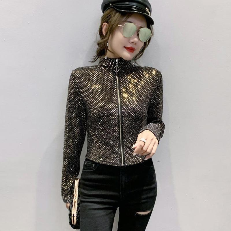 Fashion Glitter Sequined Short Jacket Women Slim Sexy Long Sleeve Zipper Coat Spring Autumn