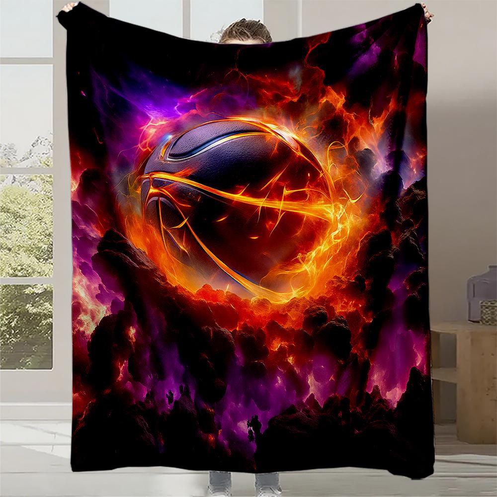 

1pc Flame Basketball Print Blanket - Heavy-Duty Plush Flocked Bedspread with Black Purple Golden Grey Green Orange Yellow White 130x150cm