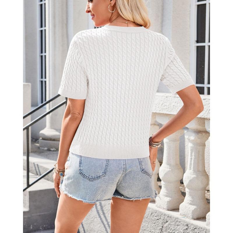Women European Style Short Sleeve Button Front Cropped Round Neck Knitted Cardigan Sweater