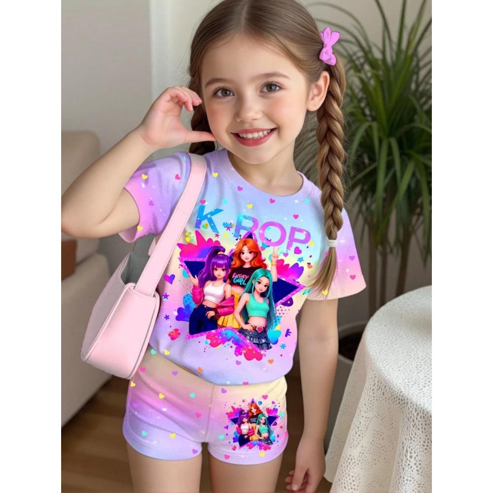 K-Pop-Cartoon-Grafik-T-Shirt- und Hosen-Set für Mädchen, Sommerkleidung für Mädchen, süßes Kurzarm-Set, Kinder-T-Shirt- und Shorts-Set