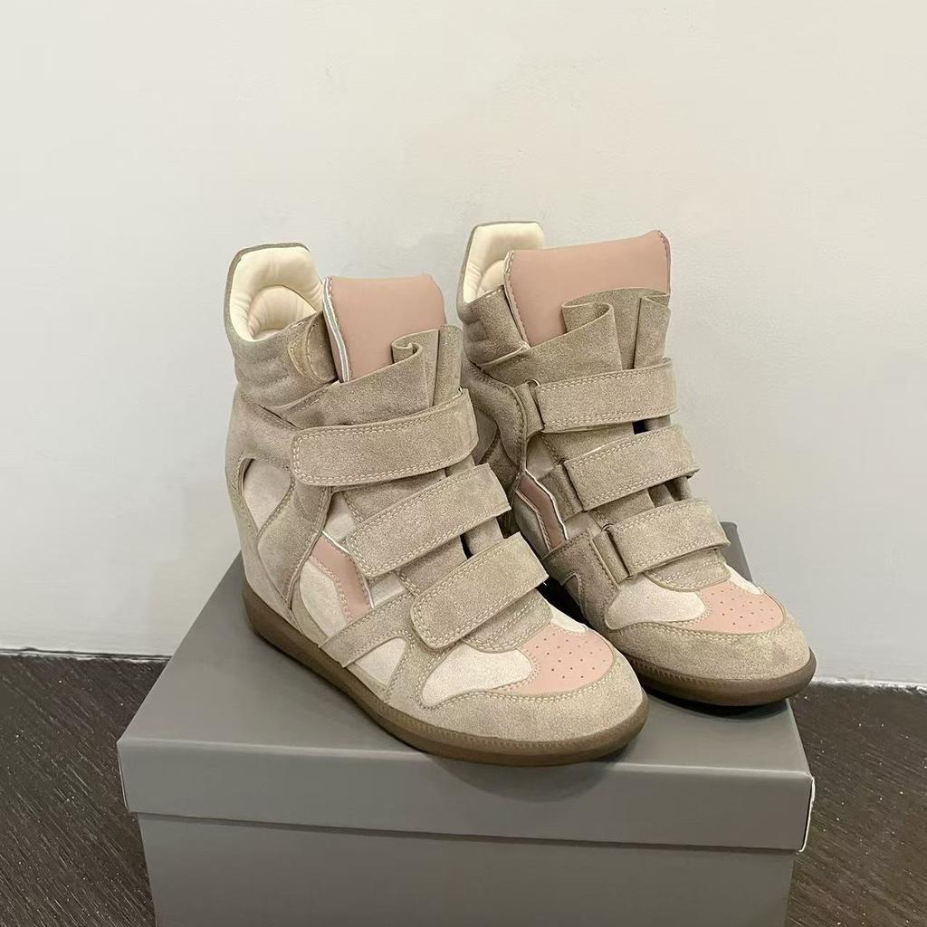 Inner heightening shoes women's high-top color matching round head flat-bottomed casual shoes Velcro sneakers women