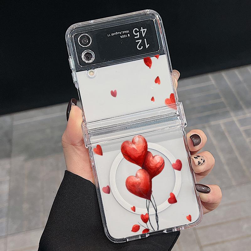 3PCS Foldable Shockproof Case for Samsung Z Flip6 Flip5 Flip4 for Magsafe Magnetic Balloon Kiss Lips Pattern Clear Hard Pc Slim Case Cover