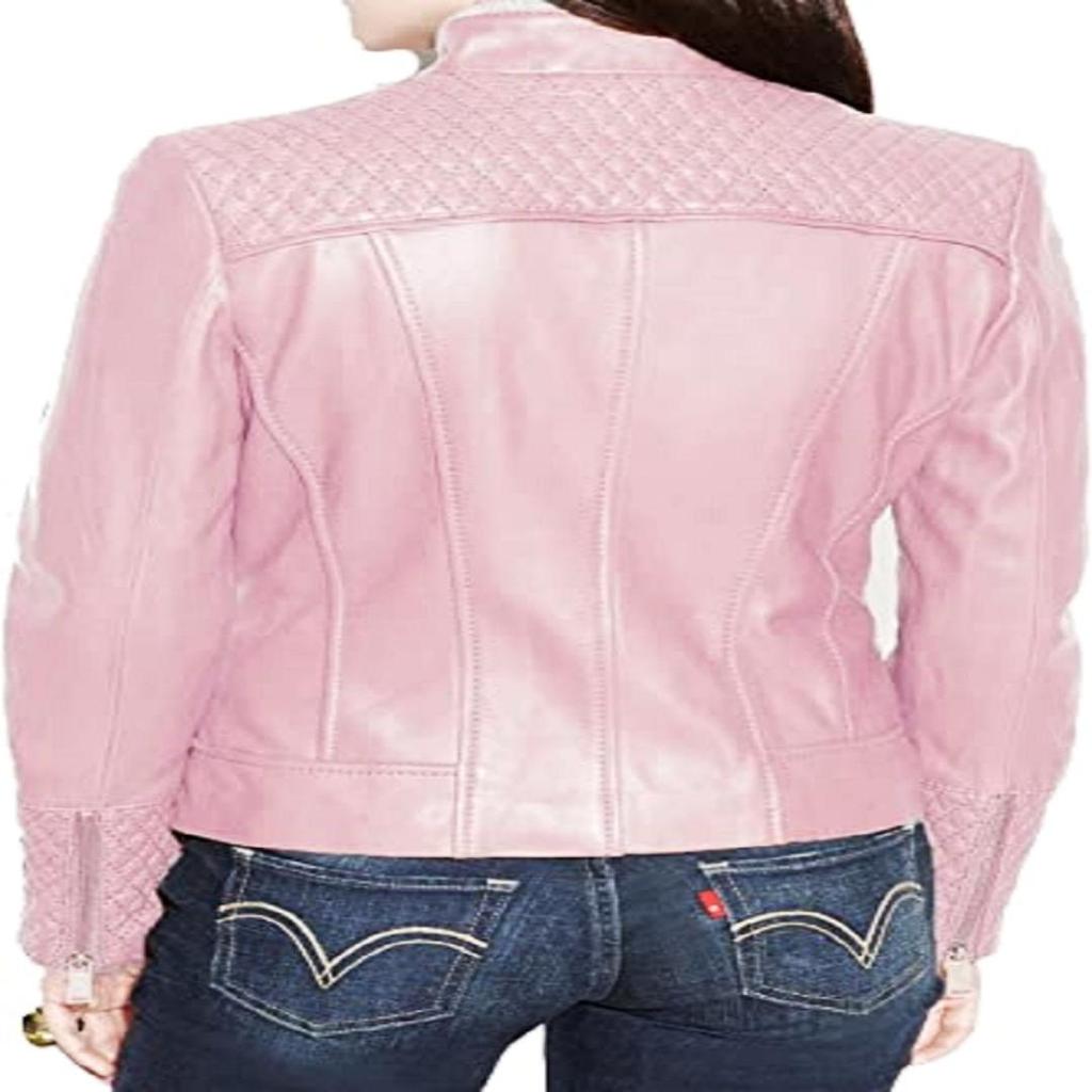 Noora Women's Baby Pink Lambskin Leather Jacket, Quilted Designer Biker Leather Jacket, Shinny Winter Jacket
