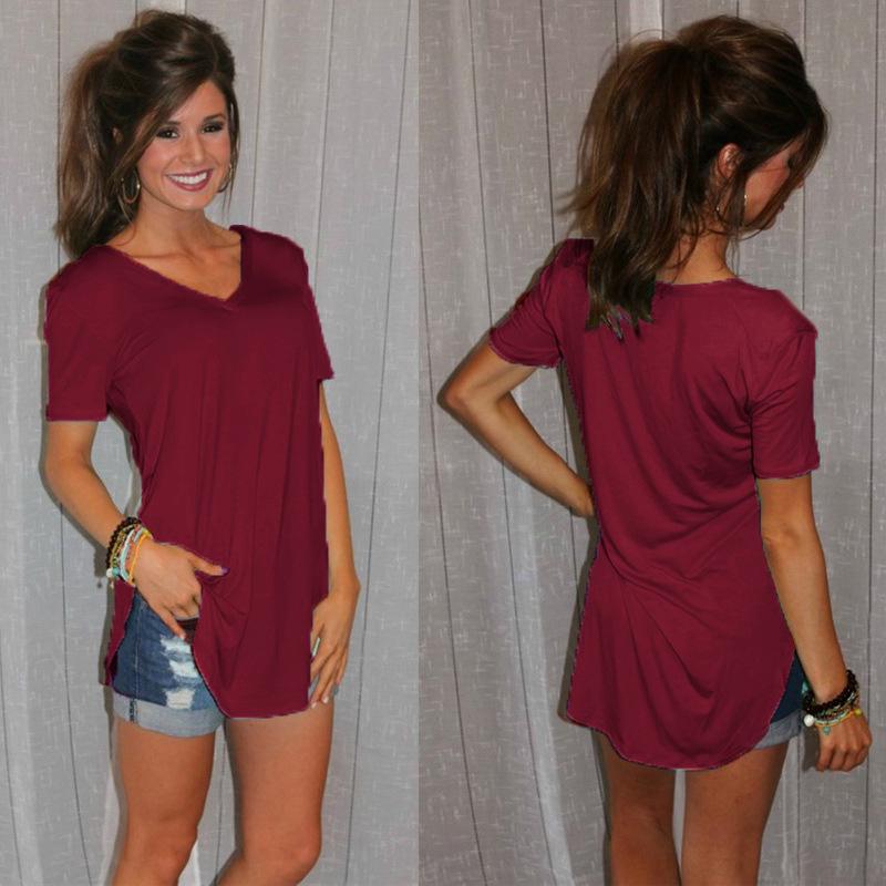 Women's Loose T-Shirt, V-Neck, Plus Size, Split Short Sleeve, Curved Hem