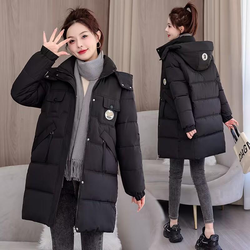Chaqueta Cálida con Capucha para Mujer, Otoño e Invierno, Tallas Grandes, Engrosada y Acolchada, Longitud Media, Estilo Pan, Cremallera