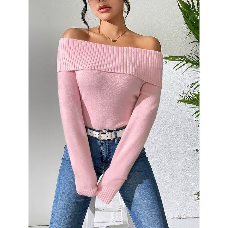 

Fashion Wind Sexy off-the-Shoulder Knitting Sweater Base Knitwear Sexy off Shoulder Sweater Pink L