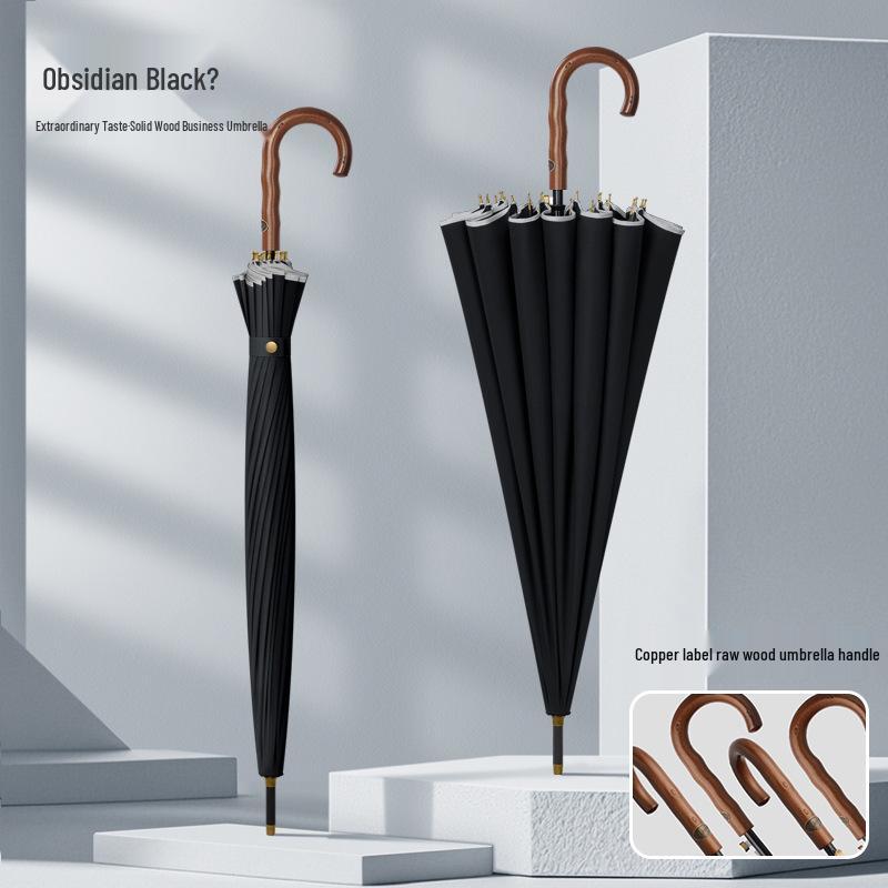 Men's Extra Large 24-Rib Solid Color Business Umbrella with Wooden Handle and Logo Print