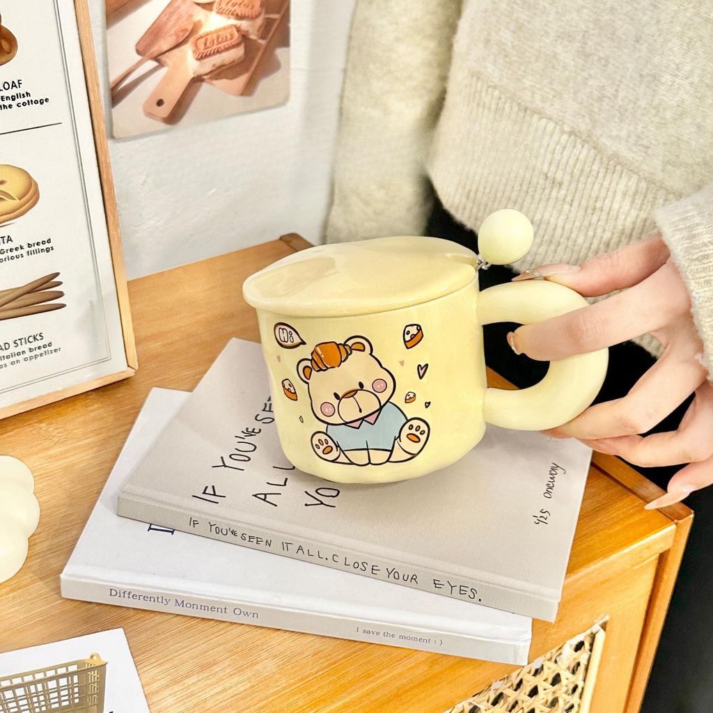 Cartoon Bear Birthday Gift Ceramic Mug with Lid Spoon Cup for Girls with High Appearance Household Water Cup Coffee Cup