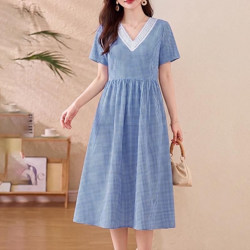ZANZEA Women Casual V-Neck Plaid Print Loose Short Sleeve Dress