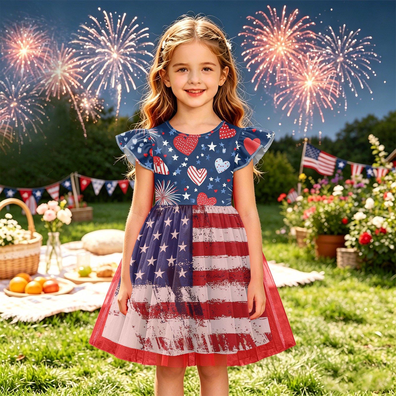 Girls Ruffle Sleeve Independence Day Dress Patchwork American Flag Print Layered Tulle Skirt Casual Party Dress for Kids 120