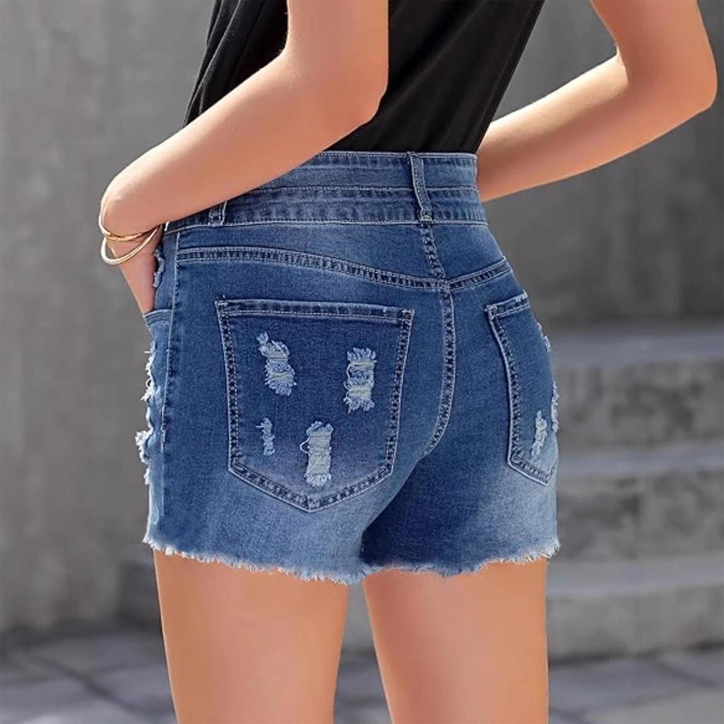Women Denim Shorts High Waist Ripped Jean Shorts Double Button Closure Casual Summer Shorts for Outdoor Activities